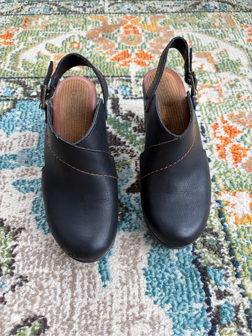 Black Leather Slingback Heeled Mules with Brown Insole